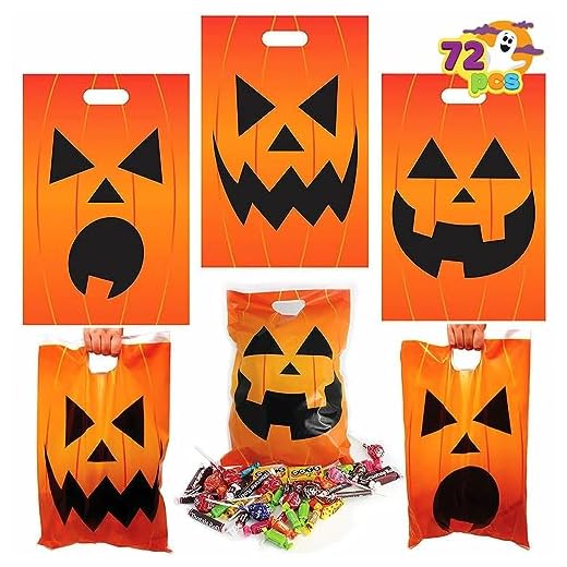 JOYIN 72 Pcs Halloween Jack O Lantern Goodie Bags for Kids Trick-or-Treat, Halloween Trick or Treat Bags Plastic Pumpkin Candy Bags for Halloween Party Favors Party Supplies, Halloween Treats