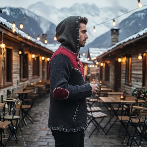 Image of Shopoholic Fashion Men Cross Zipped Patchwork Fleece Lined Long Sleeve Boho Hippie Hoodie Woollen Jacket