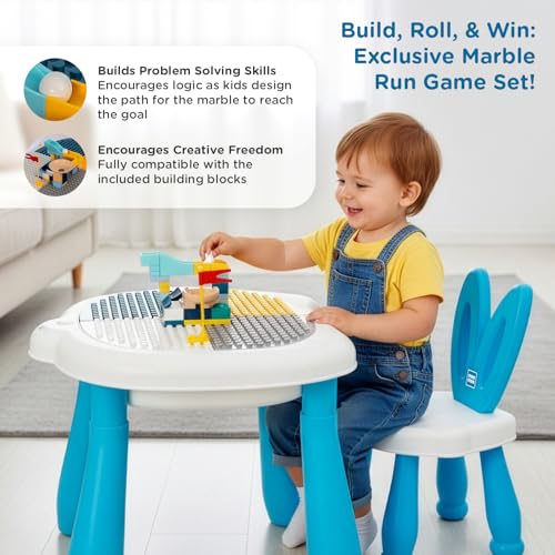 Image of Mee Mee Busy Bench Kids Activity Table with Chair | 2-in-1 Study & Building Desk | Reversible Dual-Sided Top | Marble Run Game Set | Storage Compartment | Musical Play Table | Toddler Table 2-6 Years
