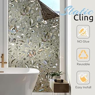 rabbitgoo Window Privacy Film, Decorative Stained Glass Window Film, Heat Blocking Glass Clings, Renter-Friendly Static Cling Frosted Sticker Covering for Home, Taupe Tulip 17.5" x 118.1"