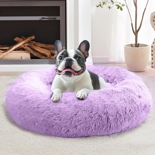 Image of JOLLYVOGUE Calming Dog Bed Medium Size Dog, 31in Donut Washable Medium Pet Bed, Anti-Slip & Anti-Anxiety Fluffy Faux Fur Round Dogs Bed, Fits up to 45 lbs Pets (Purple)