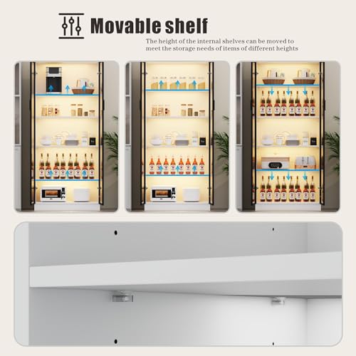 Display Cabinet with Doors and Adjustable Shelves, 65" Tall Bookcase with LED Lights/Human Sensor, 5 Tier Display Case for Collectibles Bedroom Living Room Office, White