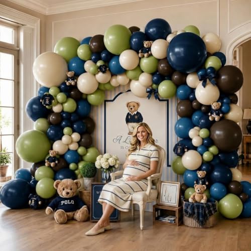 Image of Green Blue Balloon Garland Double Stuffed Sage Brown White Sand Balloons | Dusty Green Denim Blue Ivory Balloon Arch for Dinosaur Baby Shower Wild One Birthday Woodland Bear Party Decorations