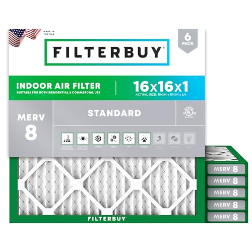 Filterbuy 16x16x1 Air Filter MERV 8 Dust Defense (6-Pack), Pleated HVAC AC Furnace Air Filters Replacement (Actual Size: 15.75 x 15.75 x 0.75 Inches)