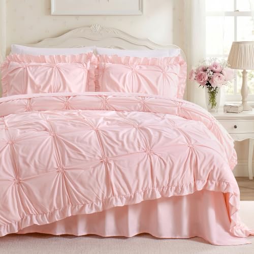 Image of Full Size Comforter Sets for Girls, 5 Pieces Bed in A Bag Full Size Bedding Sets with Ruffles Jacquard Embroidery Comforter, Fitted Sheet, Flat Sheet and 2 Pillowcases, Pink
