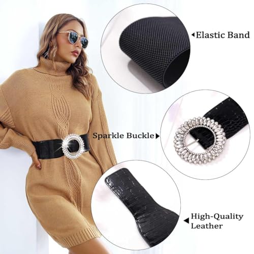 Women Wide Elastic Belt Rhinestone Wide Waist Belt for Dress Fashion Stretchy Waistband for Ladies with Silver Buckle4