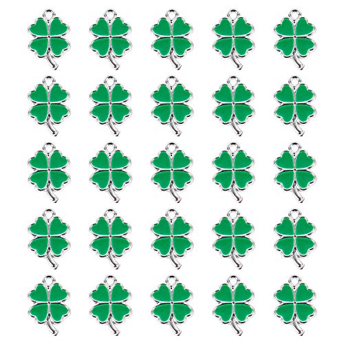 INOOMP 50Pcs Lucky Four- Leaf Clover Charm Pendants Shamrock Hanging Charms DIY Jewlery Accessories Lucky Green Sequins Shamrock Dangle Pendants for St. Patrick Day Gifts