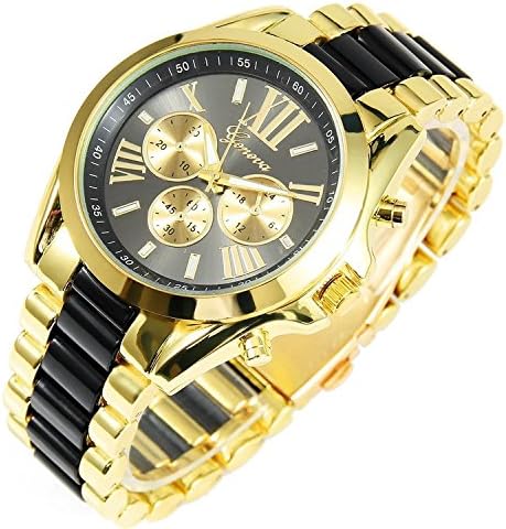 New Mens Gold Black Luxury Men Classic Stainless Steel Gold Dial Quartz Analog Bangle Wrist Watch