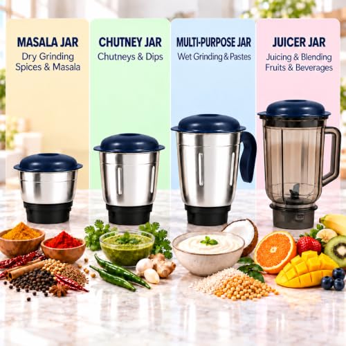 CADLEC MixCraft 750W Mixer Grinder with 4 Jars | Multi-Purpose Mixer, Blender & Juicer | Powerful Motor for Grinding, Blending & Juicing | Durable ABS Body | 2-Year Warranty, Navy Blue - Image 5