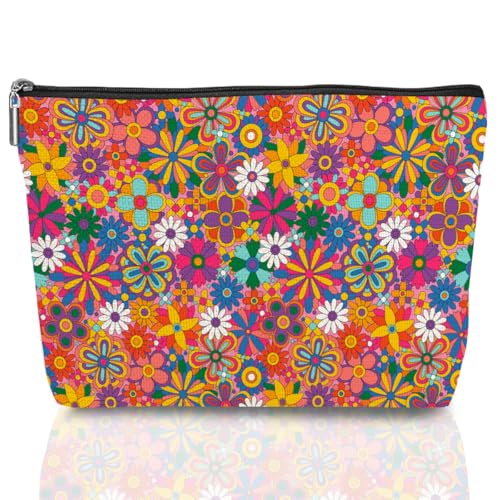 Retro Hippie Flowers Makeup Bag Floral Lovers Gift Vintage Flower Cosmetic Bag Mom Birthday Nurse Mothers Day Graduation Friendship Gifts for Women Best Friends Sister Grandma Travel Toiletry Bag