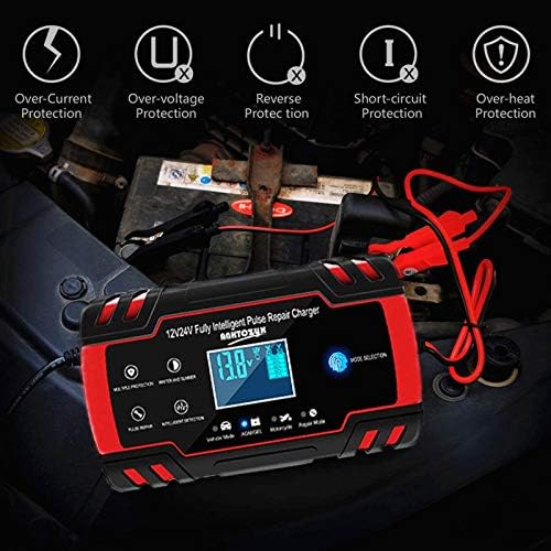 FOXSUR FBC1994 Smart Battery Charger connected to a car battery, highlighting multiple protection features such as over-current, over-voltage, reverse polarity, short-circuit, and over-heat protection.