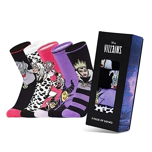 Disney Stitch Calcetines Altos, Conjunto Calcetines Divertidos para Mujer Adolescente, Pack de 5 Pares (Morado/Rosa Villains)