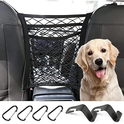 Fansisco Dog Car Net Barrier, 3-Layer Thicken Car Mesh Organizer with 2 Seat Headrest Hooks & 4 Replaceable Metal Carabiner, Car Mesh Organizer for Driving Safely with Children & Pets Cover