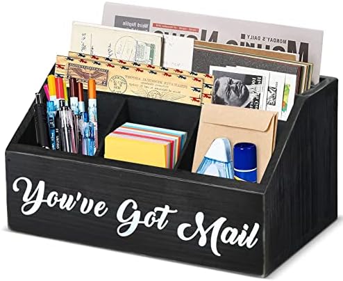 Wooden Mail Organizer Desktop Mail Holder Countertop, Mail Sorter Organizer Countertop, Office Desk Organizer and Sorter for Bills Letters Countertop Storage, Mail Organizer for Desk with Pen Holders