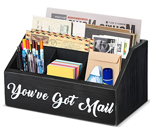 Wooden Mail Organizer Desktop Mail Holder Countertop, Mail Sorter Organizer Countertop, Office Desk Organizer and Sorter for Bills Letters Countertop Storage, Mail Organizer for Desk with Pen Holders