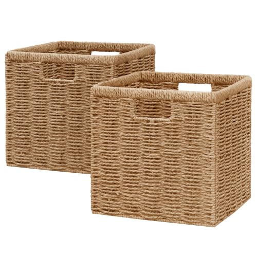 Vagusicc Wicker Storage Basket, Foldable Storage Cubes Organizer Bins, Handwoven Storage Baskets for Shelves Closet Wardrobe Bathroom, Set of 2 Cube Storage Boxes, 28 x 28 x 28 cm, Natural
