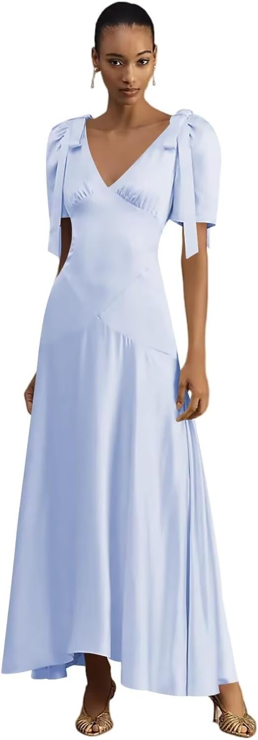 Satin V-Neck Bridesmaid Dresses Short Sleeves Wedding Guest Dress with Bow