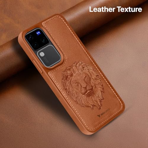 Image of Vaku Luxos️ Lion Embossed Back Cover Case for Vivo V30 5G Premium Leather Stitched Soft Shockproof Protective TPU Phone Case Camera Screen Protector- Brown