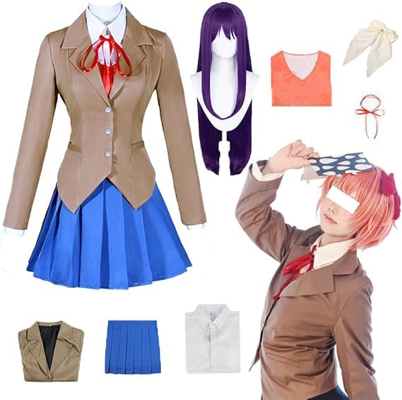 Women's Classic School Attire, Suit Jacket Shirt, Ribbon Pleated Skirt, Halloween Makeup Outfit Complete Set (Brown+Wig 4, XXL)