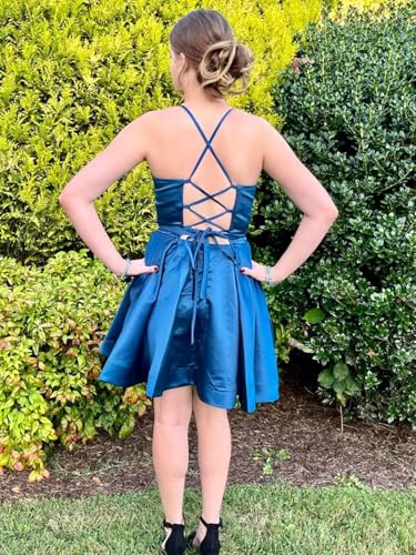 Spaghetti Straps Homecoming Dresses 2025 Short Satin Cocktail Dress A Line Mini Puffy Prom Gown with Pockets2