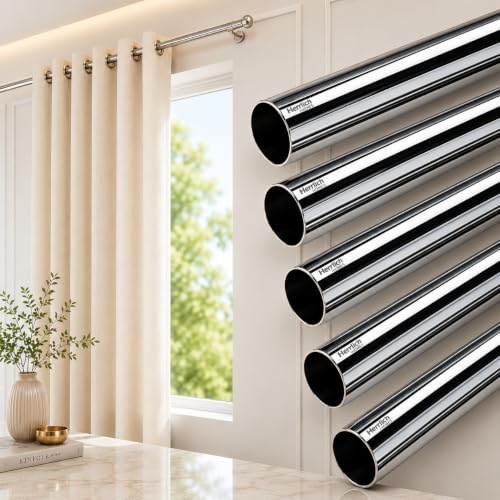 Image of Herrlich Homes Stainless Steel Curtain Rod | Silver & Chrome Finish | Anti-Rust | Sturdy & Durable | Multipurpose | SS Pipes for Door, Window, Shower, Home and Office | 48 Inches | 4 feet, 5 Pipes