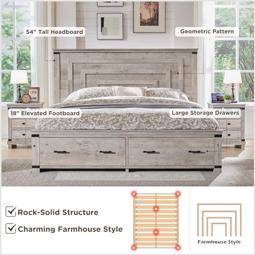 RedLemon Farmhouse Queen Size Bed Frame w/ 54" Tall Geometric Headboard, Rustic Wood Platform Bed w/ 2 Large Storage Drawers, Wood Slats Support, Noise Free, No Box Spring Needed, Light Rustic Oak - Thumbnail 3