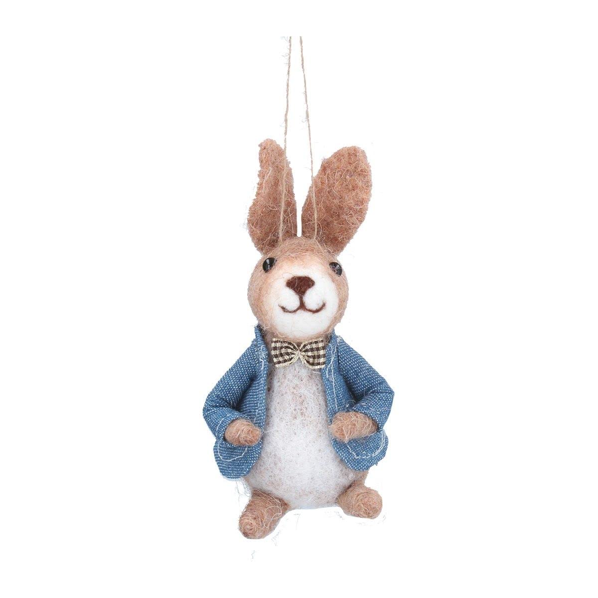Gisela Graham Wool Mix spring/easter Decoration 13cm - Bunny with Blue Jacket