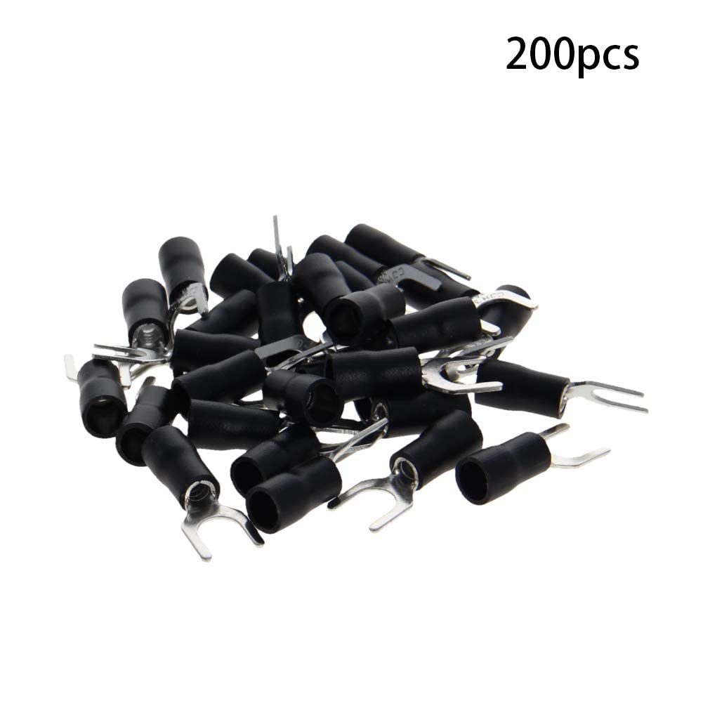 Jutagoss 200Pcs AWG14-12 Insulated Fork Spade Wire Connector Electrical Crimp Terminal Black U-Type Spade Fork terminals Connectors SV3.5-6