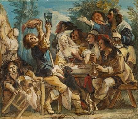 Feeling at home STRETCHED-CANVAS-A-Merry-Company-Jordaens-Jacob-museo-Fine-Art-print-framed-on-houten-bars-cm_16x20_in