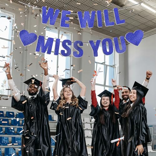 Image of Pre-strung We Will Miss You Banner - Navy Blue Glitter, Happy Retirement Going Away Party Decorations, Farewell Coworker Leaving Goodbye, Graduation, Good Luck Army Party Sign