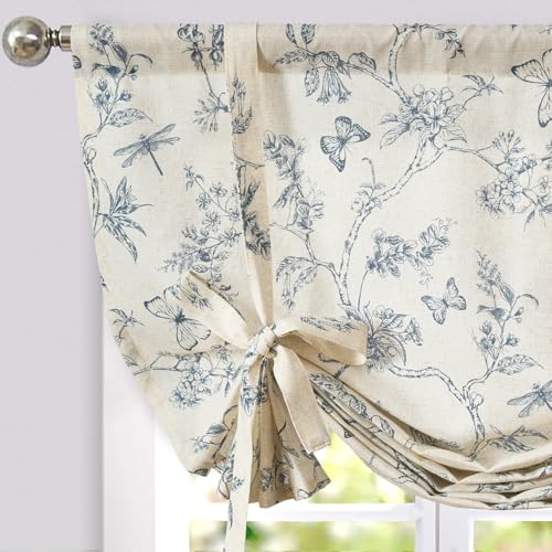 jinchan Linen Floral Valance Tie up Curtains for Small Windows 54 Inch Farmhouse Kitchen Cafe Curtains Rod Pocket Country Tropical Flower for Laundry Room Bathroom Rod Pocket 1 Panel Blue
