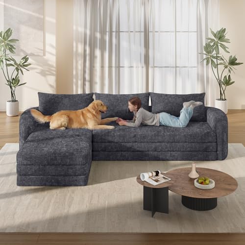Image of Vesgantti 6 in 1 Convertible Folding Sleeper Sofa Bed, No Assembly, Blue | 110.2 inch L Shaped Modular Sectional Sofa, Curved Armrest, Deep Seat Boneless Couches for Living Room, Chenille, Left Facing