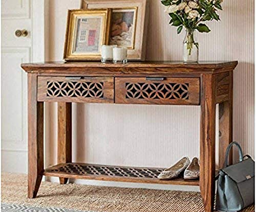 Image of Solid Sheesham Wood Console Table for Living Room | Entryway Hallway Sofa & Fish Tank Table with 2 Drawers & Shelf Storage | Wooden Side Entrance Furniture | Rosewood Honey Finish