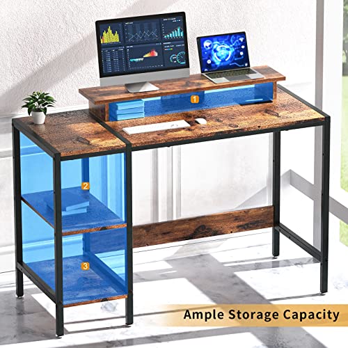 Minosys Gaming/ Computer Desk - 47” Home Office Small Desk With Monitor Stand, Rustic Writing Desk For 2 Monitors, Adjustable Storage Space, Modern Design Corner Table. #TOP5
