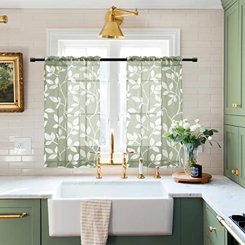 Image of XTMYI Boho Curtains for Kitchen Window Green Leaf Sheer Small Curtains for Bedroom Bathroom 30 Inch Length Sage