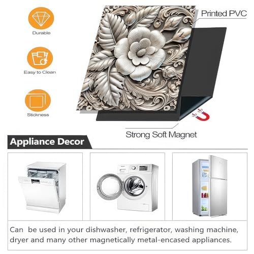 Image of HOMETITUTE Embossed Floral Magnetic Dishwasher Cover 23x26 Inch Decorative Appliance Panel Door Wrap for Kitchen Metal Surface Dishwasher Magnet Sticker Leaf Blossom Relief Design
