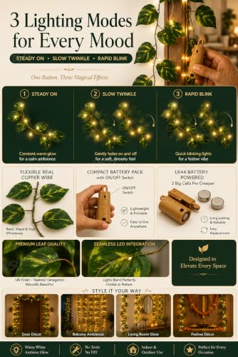 Image of Divyakosh Artificial Money Plant Creepers (Pack of 4) with Warm White LED Lights (Pre-Assembled), Artificial Plants for Home Decor, Living Room, Hanging Plants, Fake Plants, Green Leaf Decoration