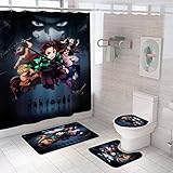 4 Piece Anime Shower Curtain Set with Non-Slip Rug, Toilet Lid Cover, Bath Mat and 12 Hooks, Waterproof Shower Curtain Set for Bathroom
