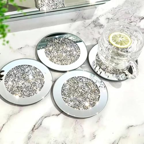 GIMORRTO Glass Mirrored Coaster 4 PC, Crushed Diamond Round 4" Cup Mat Decor on Tabletop for Bar Tools Dining Table