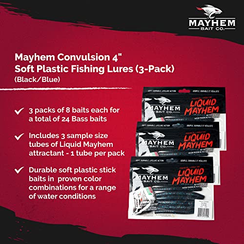 Mayhem Bait Co. Convulsion 4-Inch Soft Plastic Swimbait For Bass Fishing Ideal For Ned Rig, 3 Packs Of 8 (24) Fishing Lures Plus 3 Tubes Liquid Mayhem Fish Attractant (Black/Blue) #TOP2