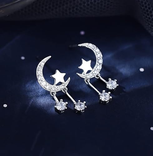 Reffeer 925 Sterling Silver Crescent Moon Star Studs Earrings For Women Teen Girls Cz Simulated Diamond Earrings Star Tassel Earrings (A-Silver) #TOP1