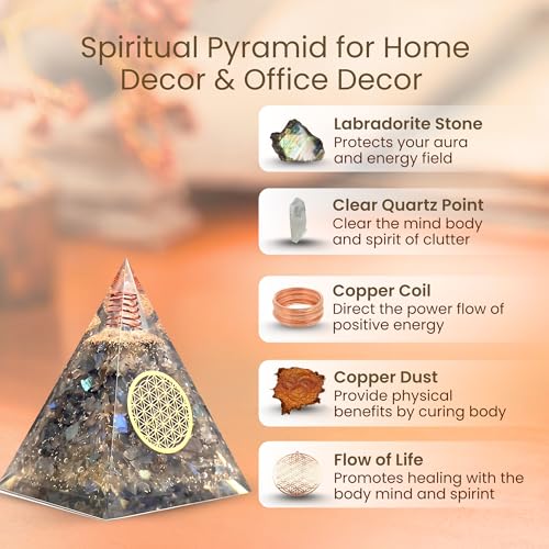Image of Labradorite Orgone Pyramid Handmade - Orgonite Crystal Pyramid with Copper Coil - Meditation Decor, Spiritual Desk Accent, Chakra Inspired Home & Office Gift