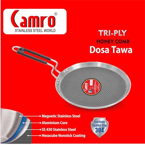 Image of Tawa for Roti and Dosa | Triply Honeycomb Tawa 32cm | Induction Base Dosa Tava Non Stick | Perma-Cool Handles | Base & Induction Compatible | Metal Spoon Friendly | Sturdy Handles