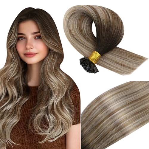 Vivien Extensiones Pelo Natural Queratina Marrón Balayage U Tip Extension Pelo Humano Marrón Ombre Rubio Claro para Mujeres Hot Fusion 40 cm 50g 50s #3/8/24