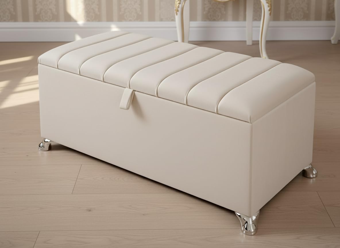 mm08enn Clarence Ottoman Storage Box with Seat, Channel Tufted Stool in Soft Plush Fabric (With Chrome Feet, Mustard)