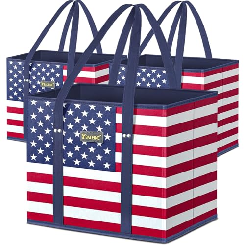 BALEINE 3Pk Reusable Grocery Bags Foldable Shopping Bags for Groceries with Reinforced Bottom & Handles (Patriot Celebration)