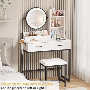 Vabches Makeup Vanity with Round Mirror and Lights, White Vanity Makeup Table with Charging Station, Small Vanity Table for Bedroom, 3 Lighting Modes, 31.5in(L) Vabches Makeup Vanity with Round Mirror and Lights White Vanity Makeup Table with Charging Station Small Vanity Table for Bedroom 3 Lighting Modes 315inL