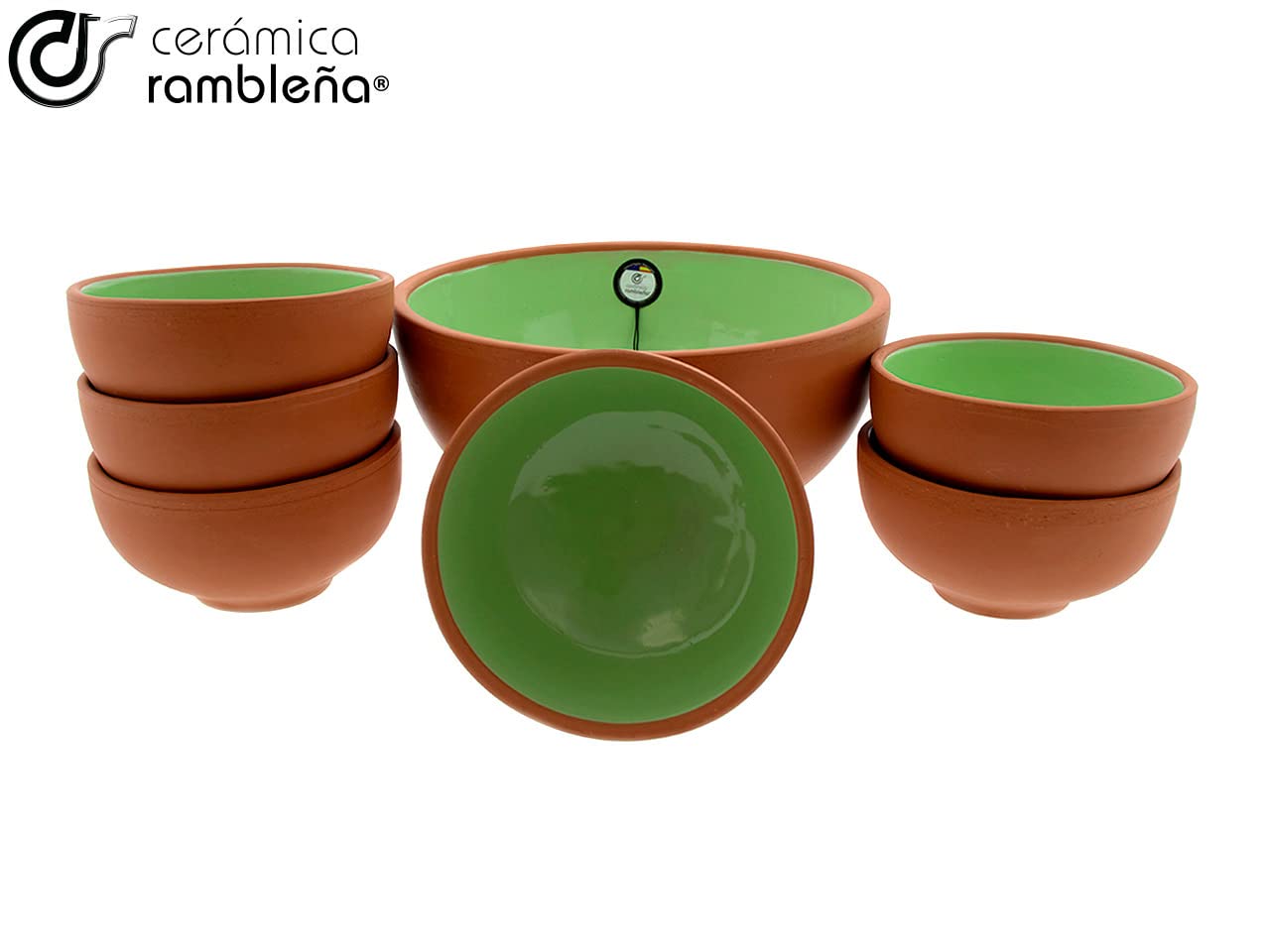 CERÁMICA RAMBLEÑA | Cuenco gazpacho | Gazpacho Andaluz | Gazpacho Manchego | Cuencos cocina | Conjunto Bol Ensaladera rústico - Verde - Modelo 22 | 25x25x12cm + x6 cuencos 14x14x7cm