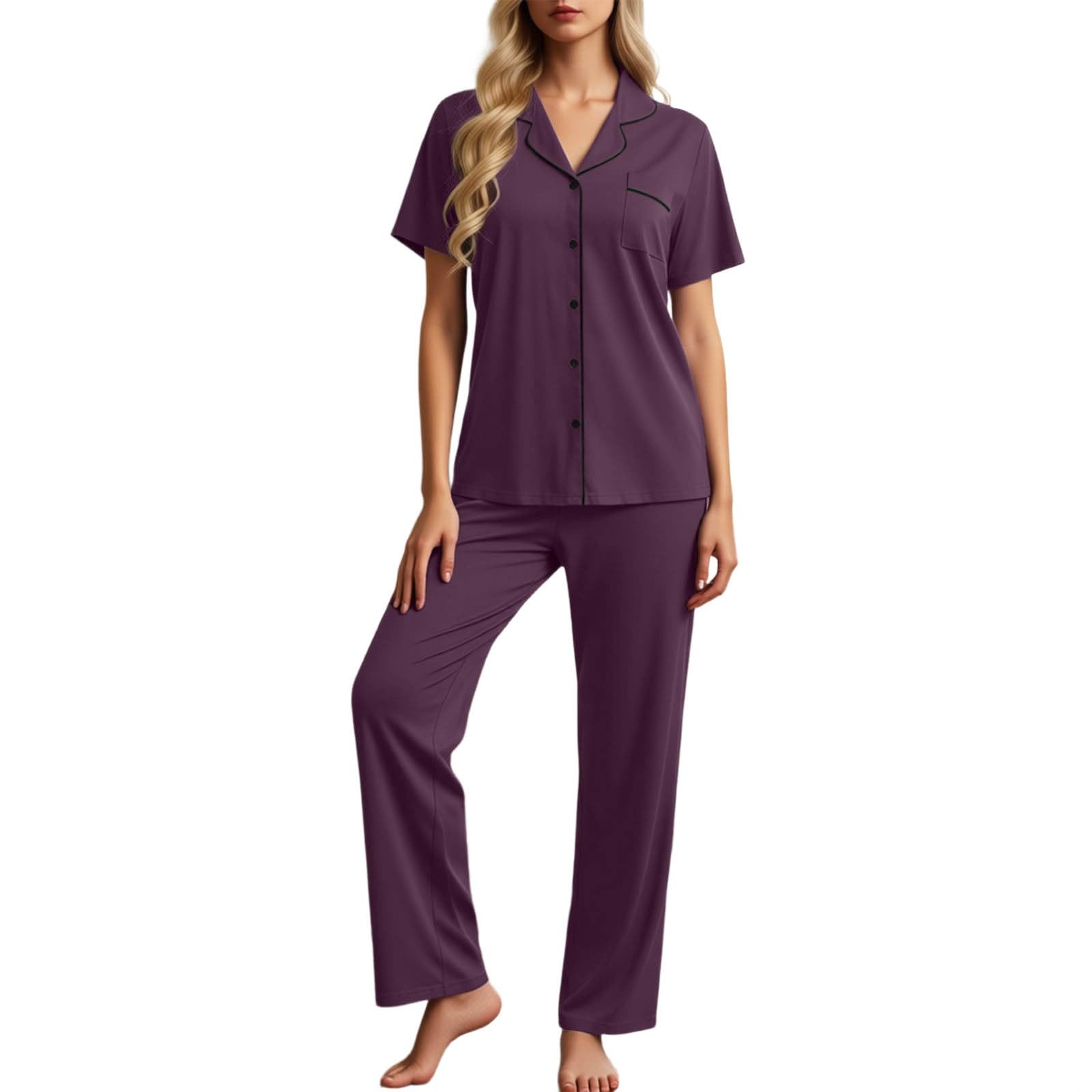 Set di due pezzi, da donna, morbido, comodo, pigiama, leggero, per il tempo libero, a maniche corte e pantaloni lunghi, basic tinta unita, vestibilità comoda