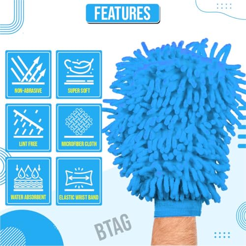 Image of Btag Double Sided Microfibre Wash Mitt Cleaning Gloves (2 Pcs, 2400 GSM, Size 26 X 19 Cm, Extra Large, Super Absorbent, Big Chenille Mitt Glove) (Sky Blue)